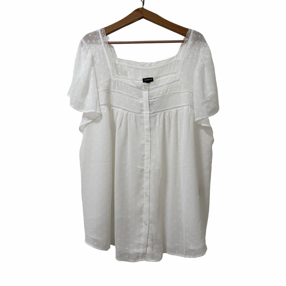 Torrid Womens Chiffon Clip Dot Lace Trim Button Up Blouse Size 3X White Cottage